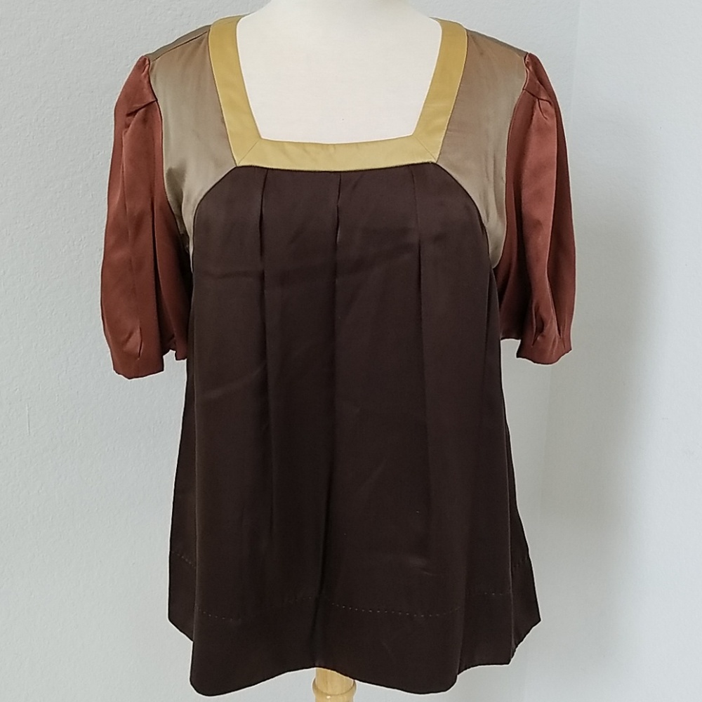 Faconnable Brown Dressy Silk Short Sleeve Blouse